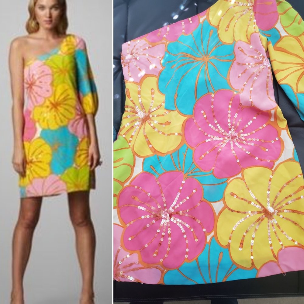 Lilly Pulitzer One-Shoulder Dress in Pink, Yellow, and Blue Floral